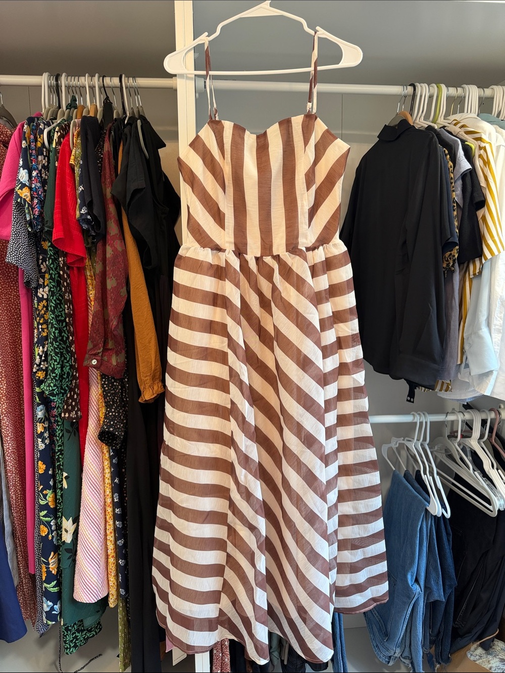 Brown and White striped Spaghetti-Strap Dress